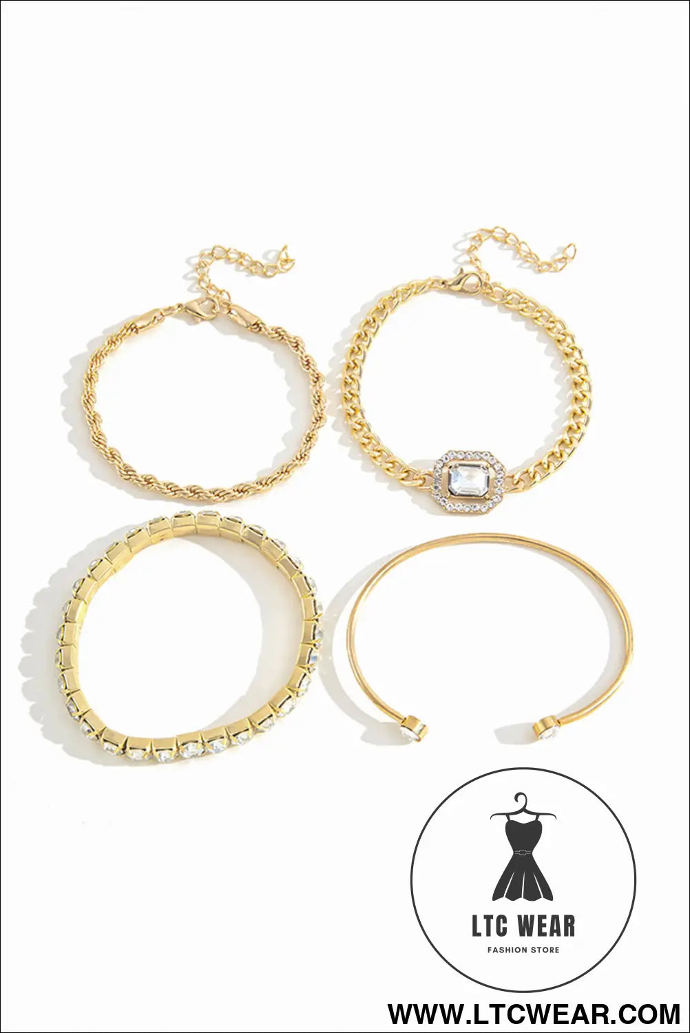 Gold 4pcs Diamond Chained Braided Bangle Bracelet Set - L.T.C Wear Online Fashion Store