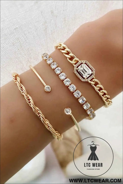 Gold 4pcs Diamond Chained Braided Bangle Bracelet Set