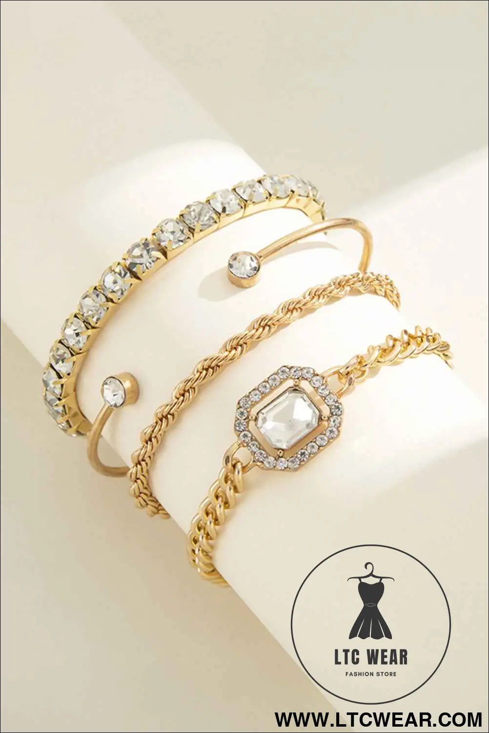 Gold 4pcs Diamond Chained Braided Bangle Bracelet Set