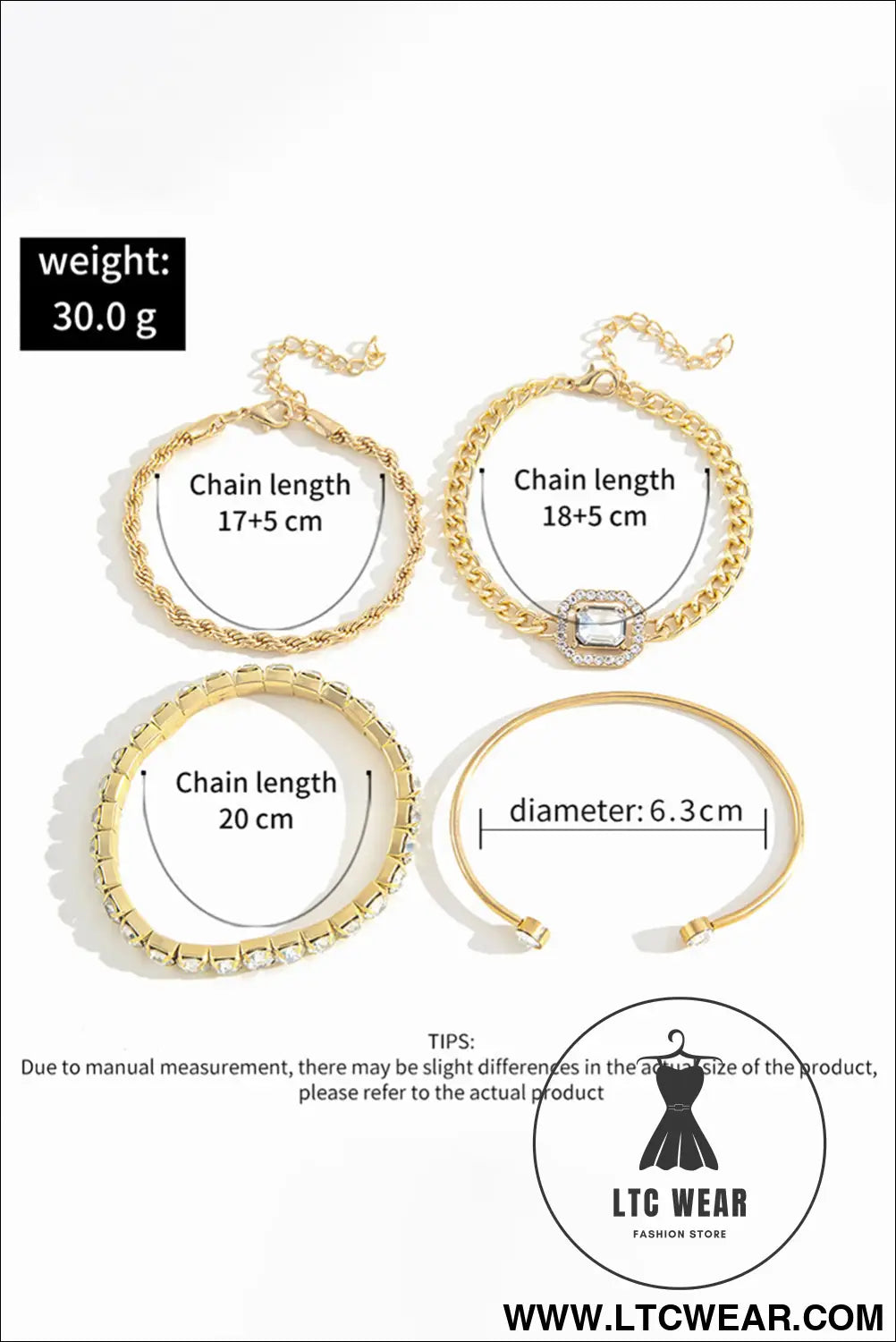 Gold 4pcs Diamond Chained Braided Bangle Bracelet Set - L.T.C Wear Online Fashion Store