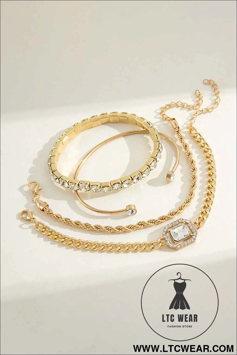 Gold 4pcs Diamond Chained Braided Bangle Bracelet Set
