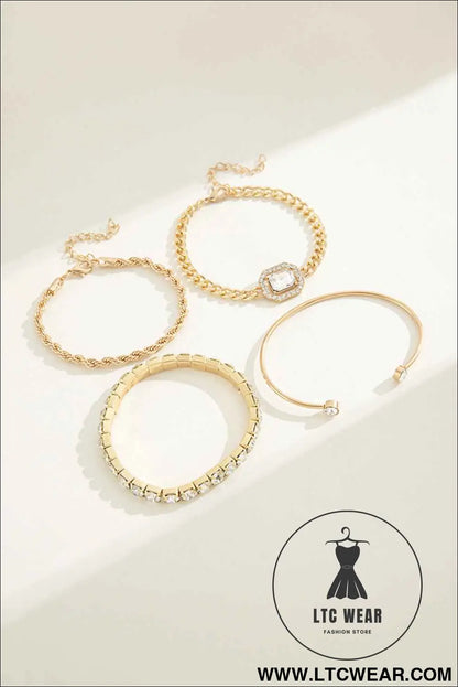 Gold 4pcs Diamond Chained Braided Bangle Bracelet Set