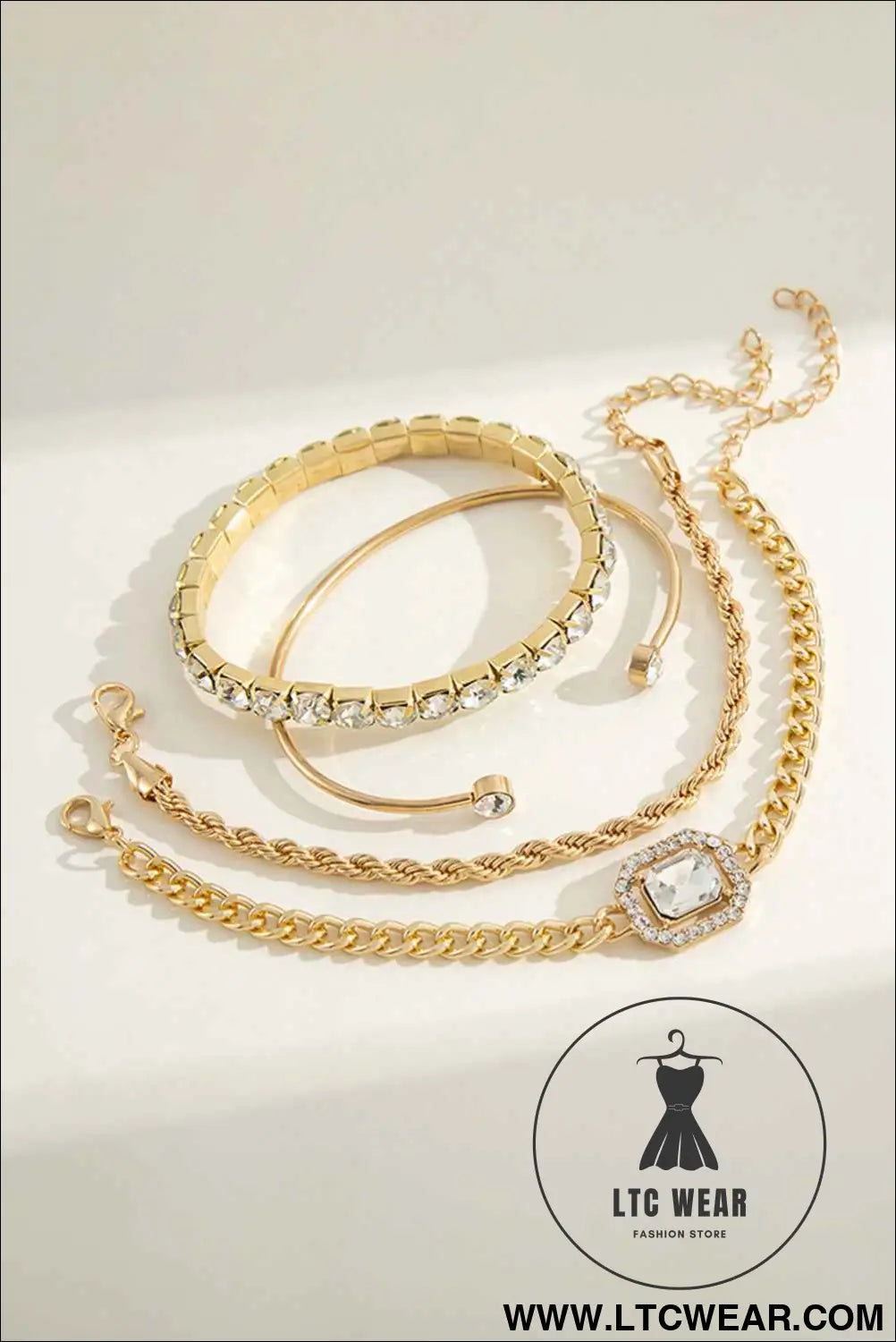 Gold 4pcs Diamond Chained Braided Bangle Bracelet Set