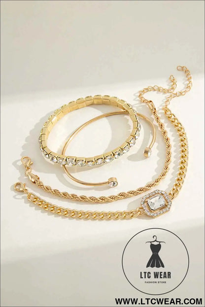 Gold 4pcs Diamond Chained Braided Bangle Bracelet Set