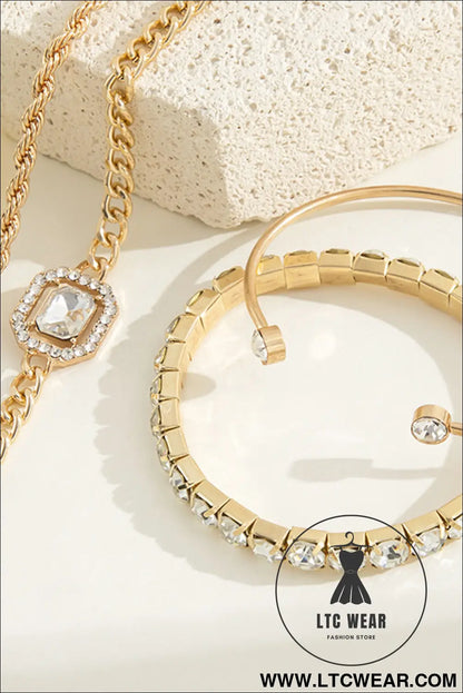 Gold 4pcs Diamond Chained Braided Bangle Bracelet Set - L.T.C Wear Online Fashion Store