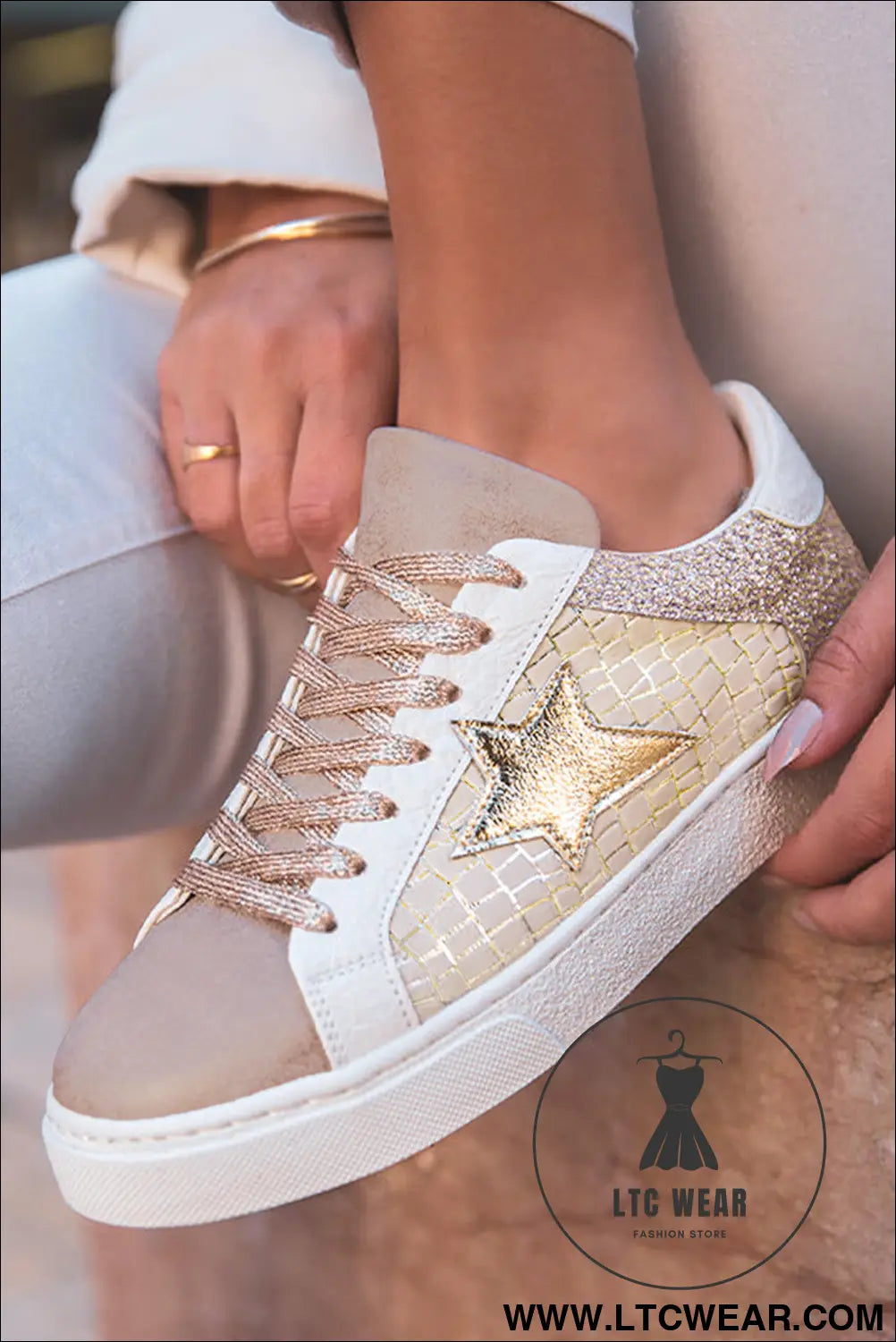 Gold glitter star patchwork pu leather lace-up sneakers - gold / 37 / 70% pvc + 30% pu - womens shoes