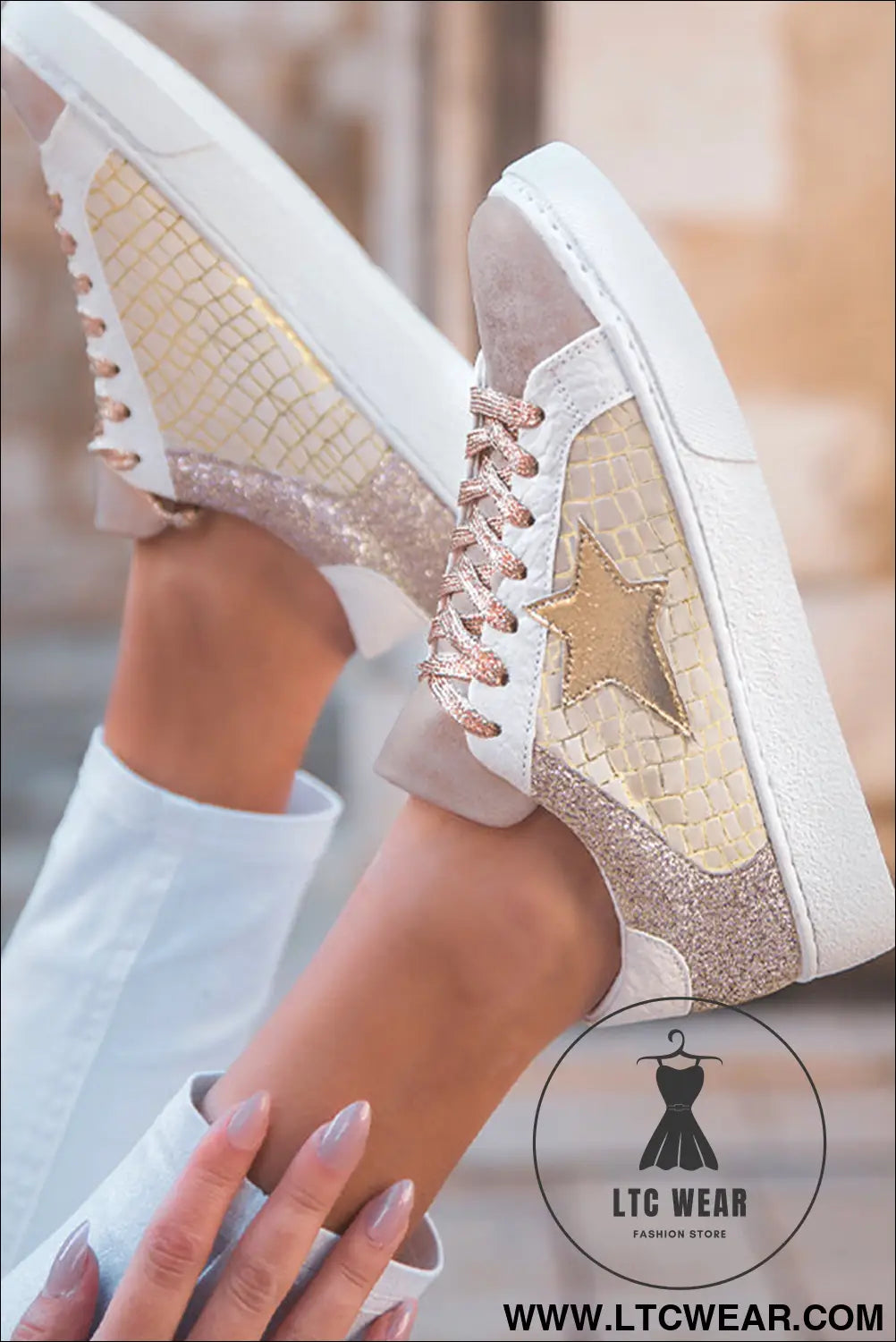 Gold glitter star patchwork pu leather lace-up sneakers - womens shoes