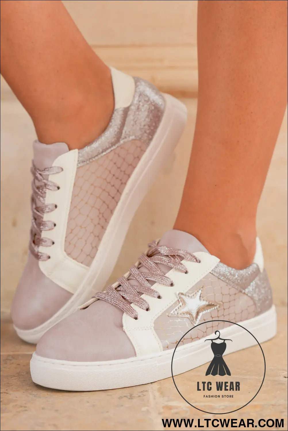 Gold glitter star patchwork pu leather lace-up sneakers - womens shoes