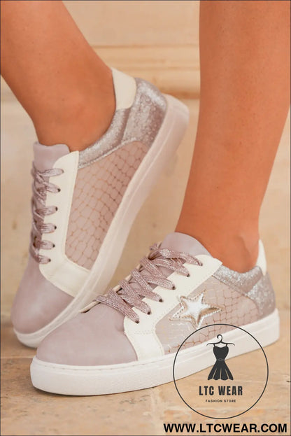 Gold glitter star patchwork pu leather lace-up sneakers - womens shoes