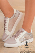 Gold glitter star patchwork pu leather lace-up sneakers - womens shoes