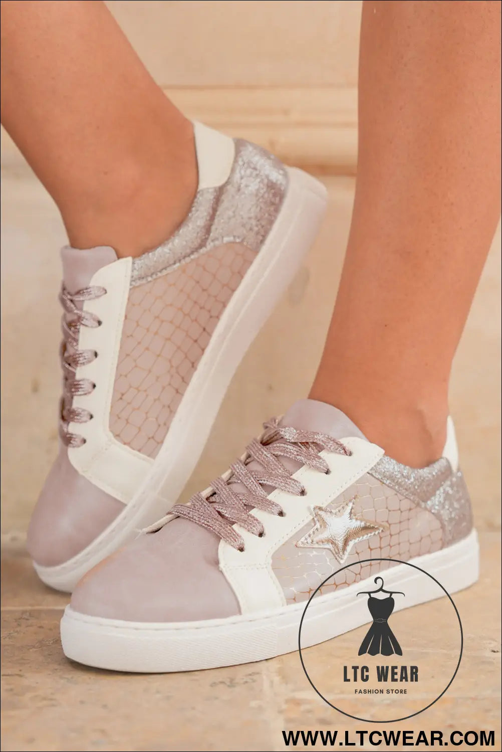 Gold glitter star patchwork pu leather lace-up sneakers - womens shoes