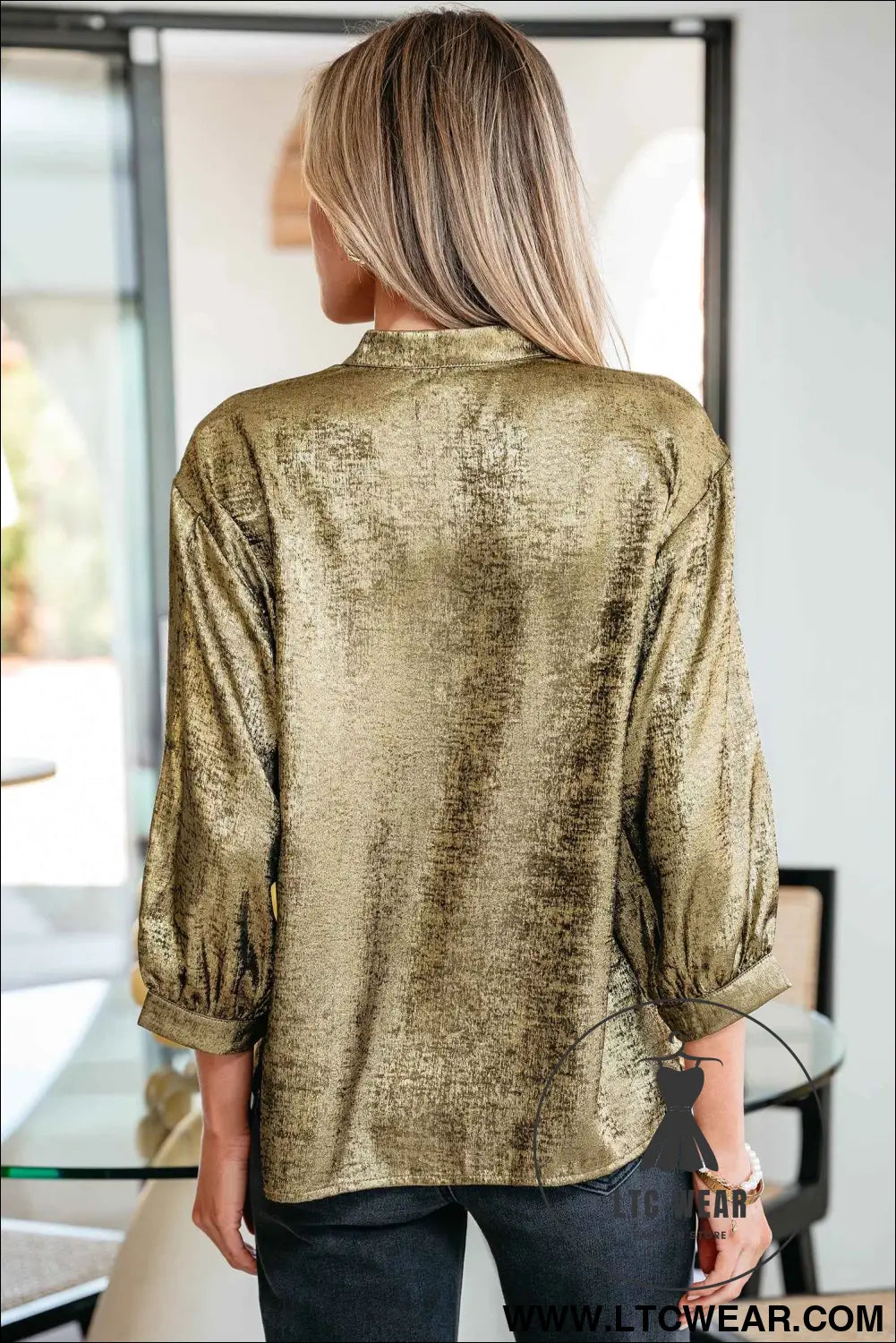 Gold Metallic Split Neck Half Sleeve Blouse