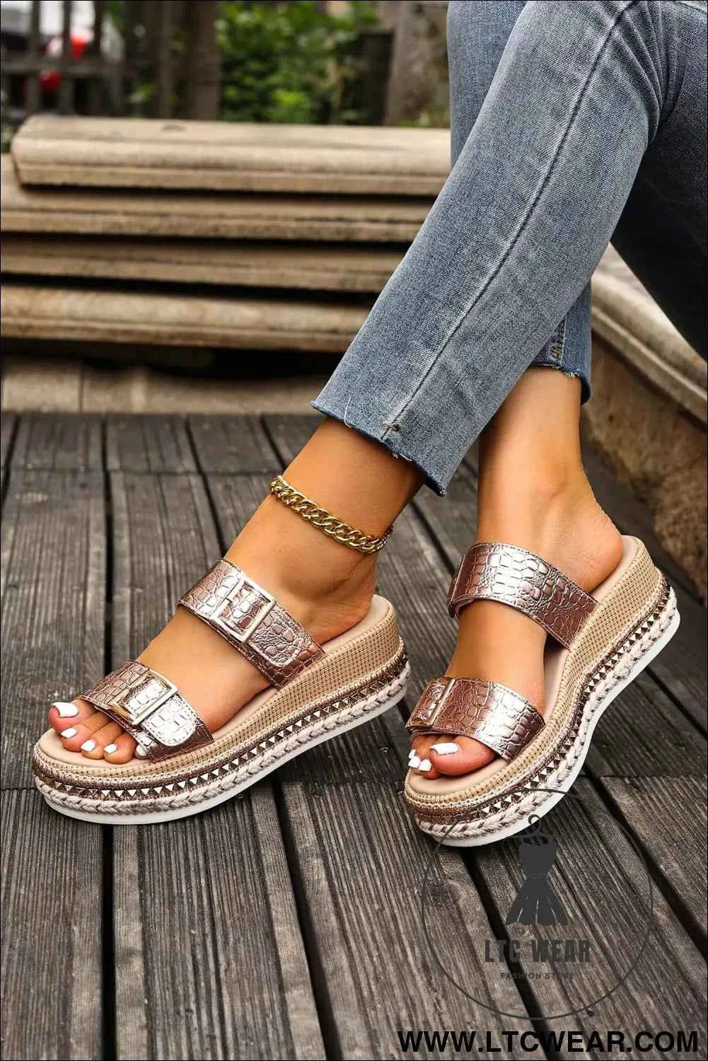 Gold Metallic Textured PU Leather Buckle Wedge Platform Slippers