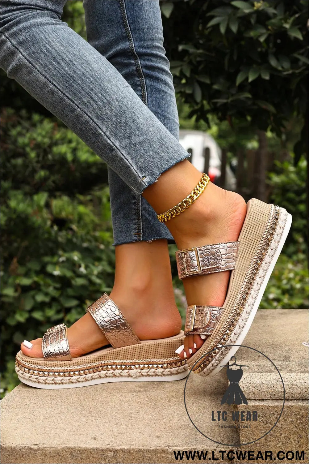 Gold metallic textured pu leather buckle wedge platform slippers - slippers