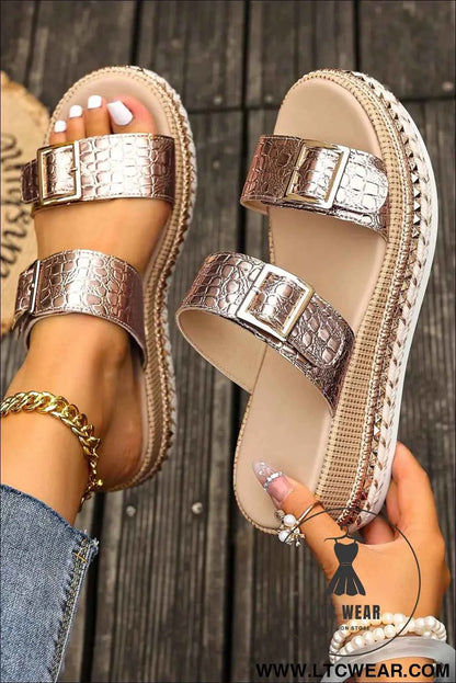 Gold Metallic Textured PU Leather Buckle Wedge Platform Slippers