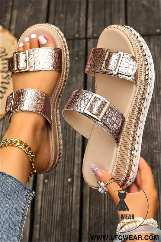 Gold Metallic Textured PU Leather Buckle Wedge Platform Slippers