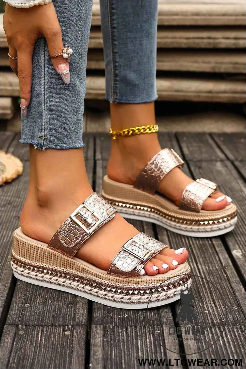 Gold Metallic Textured PU Leather Buckle Wedge Platform Slippers