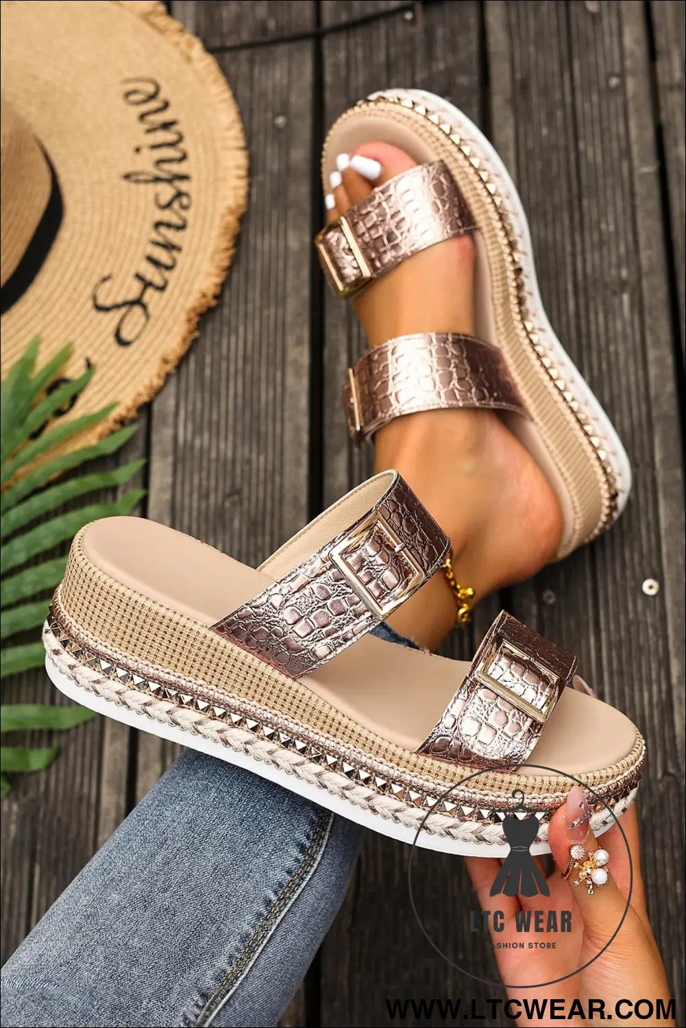 Gold metallic textured pu leather buckle wedge platform slippers - slippers