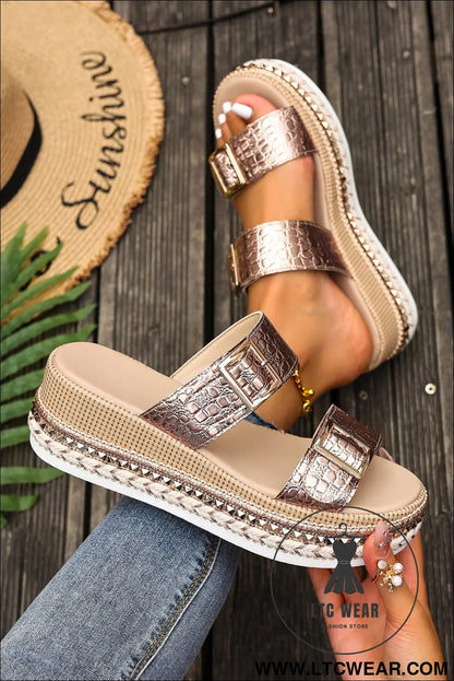 Gold metallic textured pu leather buckle wedge platform slippers - slippers