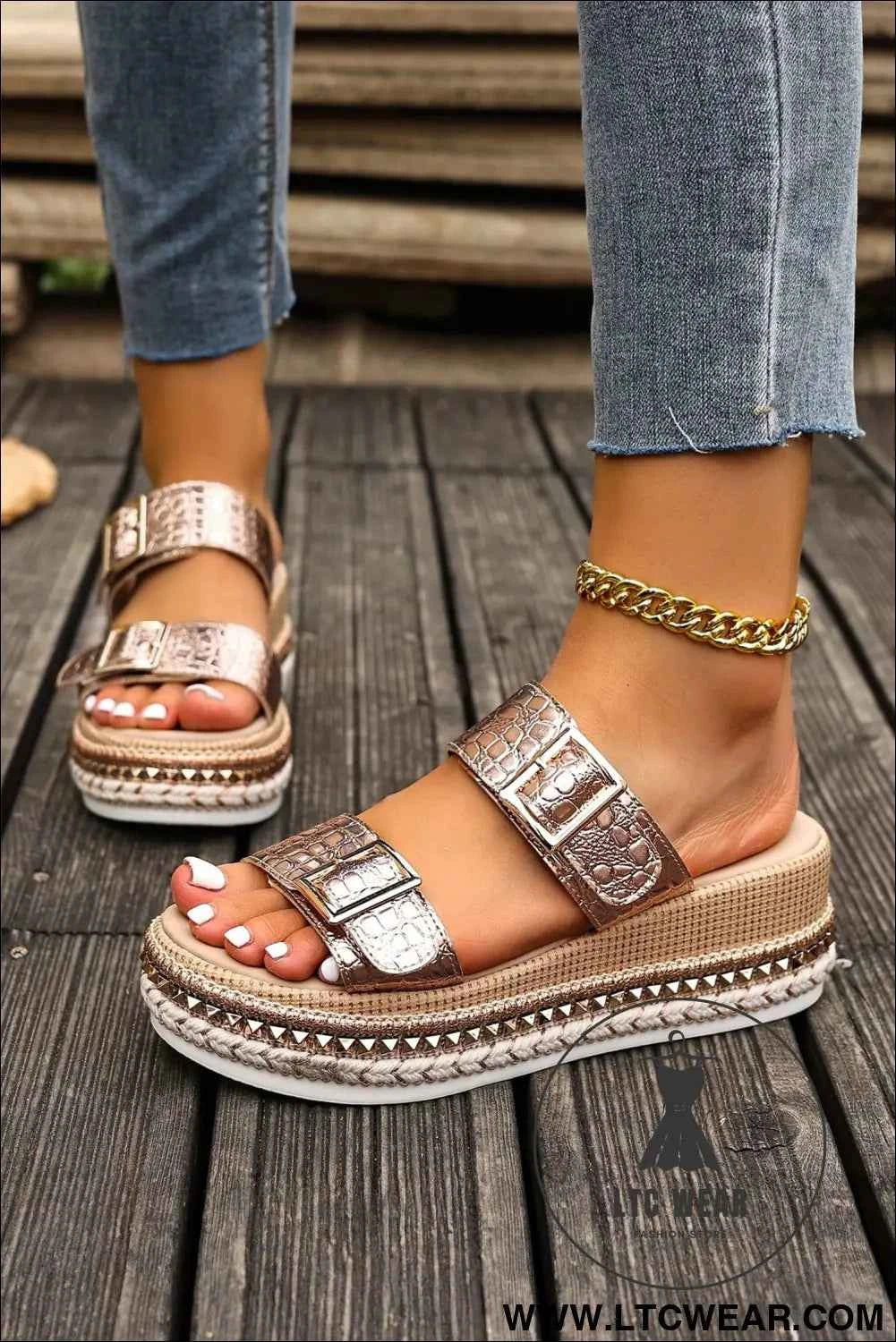 Gold Metallic Textured PU Leather Buckle Wedge Platform Slippers