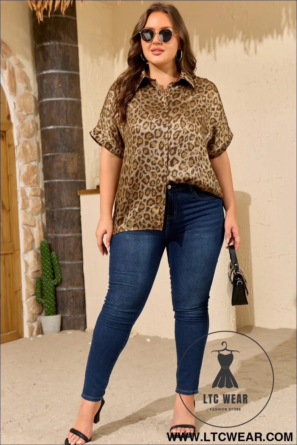 Gold Plus Size Leopard Print Short Sleeve Dolman Shirt - L.T.C Wear Online Fashion Store