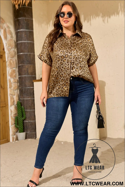 Gold Plus Size Leopard Print Short Sleeve Dolman Shirt - L.T.C Wear Online Fashion Store