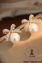 Gold rhinestone bowknot pearl earrings - gold / one size / alloy - jewelry