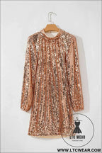 Gold Sequined Long Sleeve Cutout Back Mini Dress