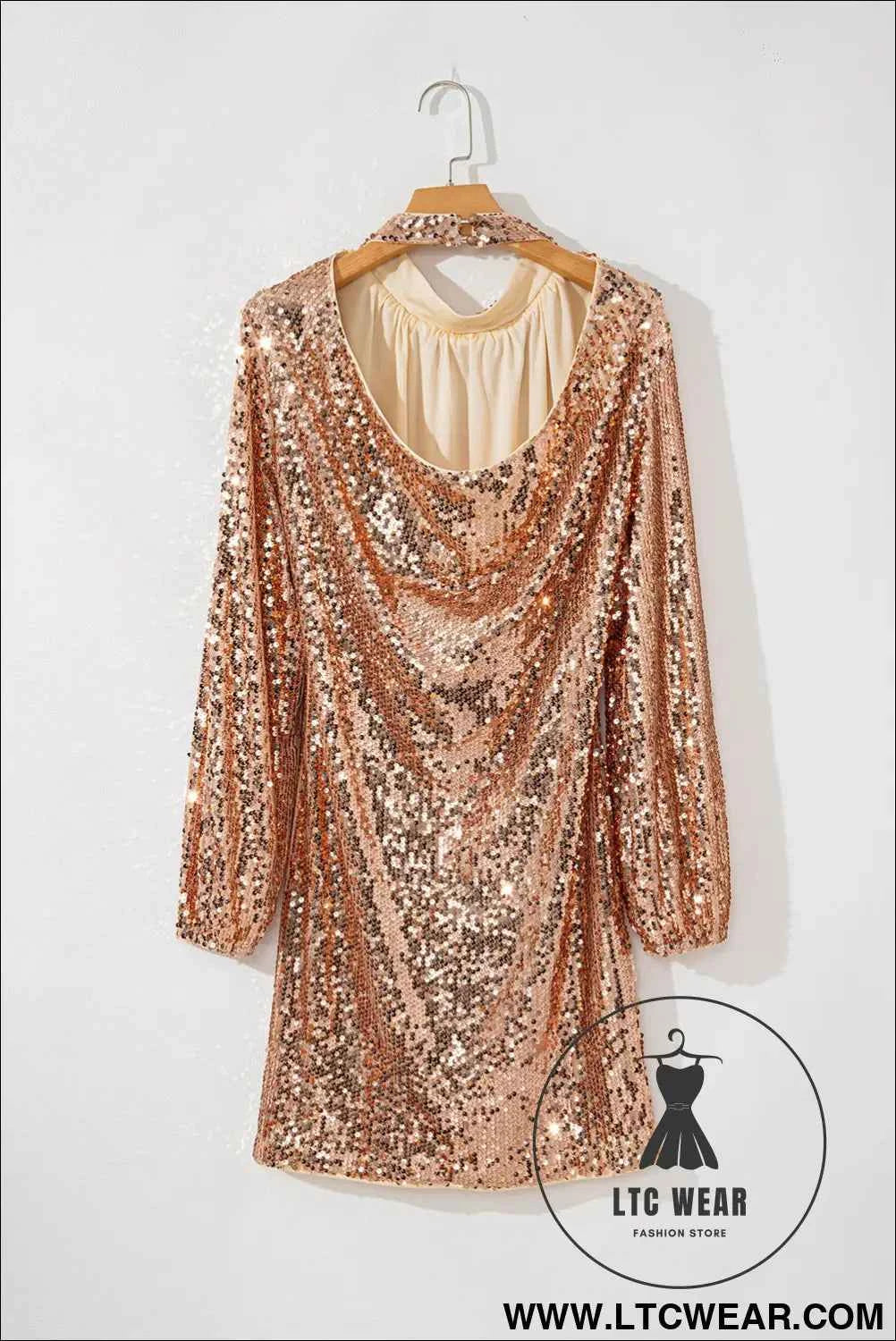 Gold Sequined Long Sleeve Cutout Back Mini Dress