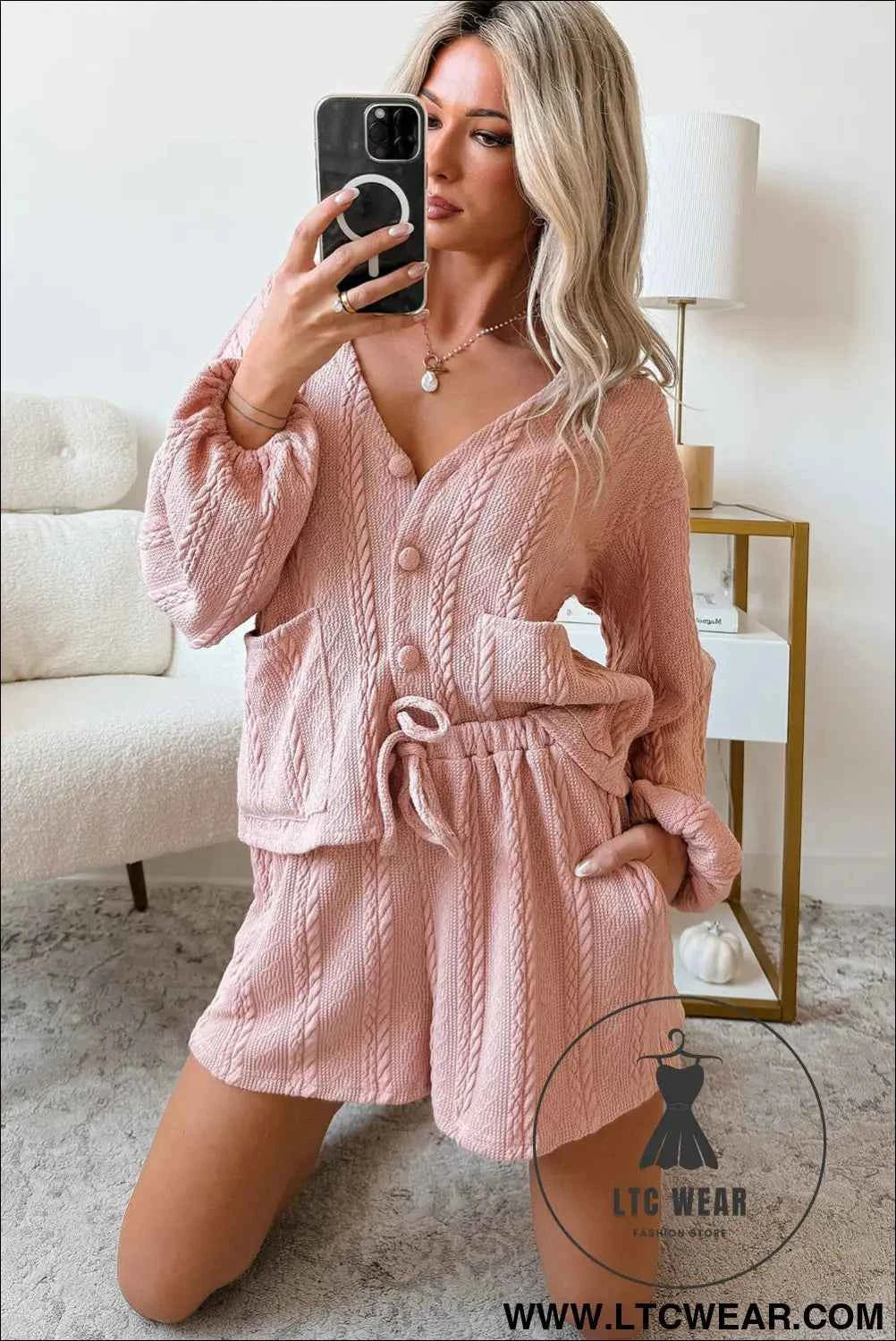 Gossamer Pink Cable Knit V Neck Cardigan Shorts Set