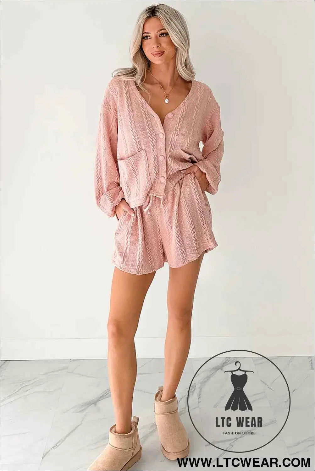 Gossamer Pink Cable Knit V Neck Cardigan Shorts Set