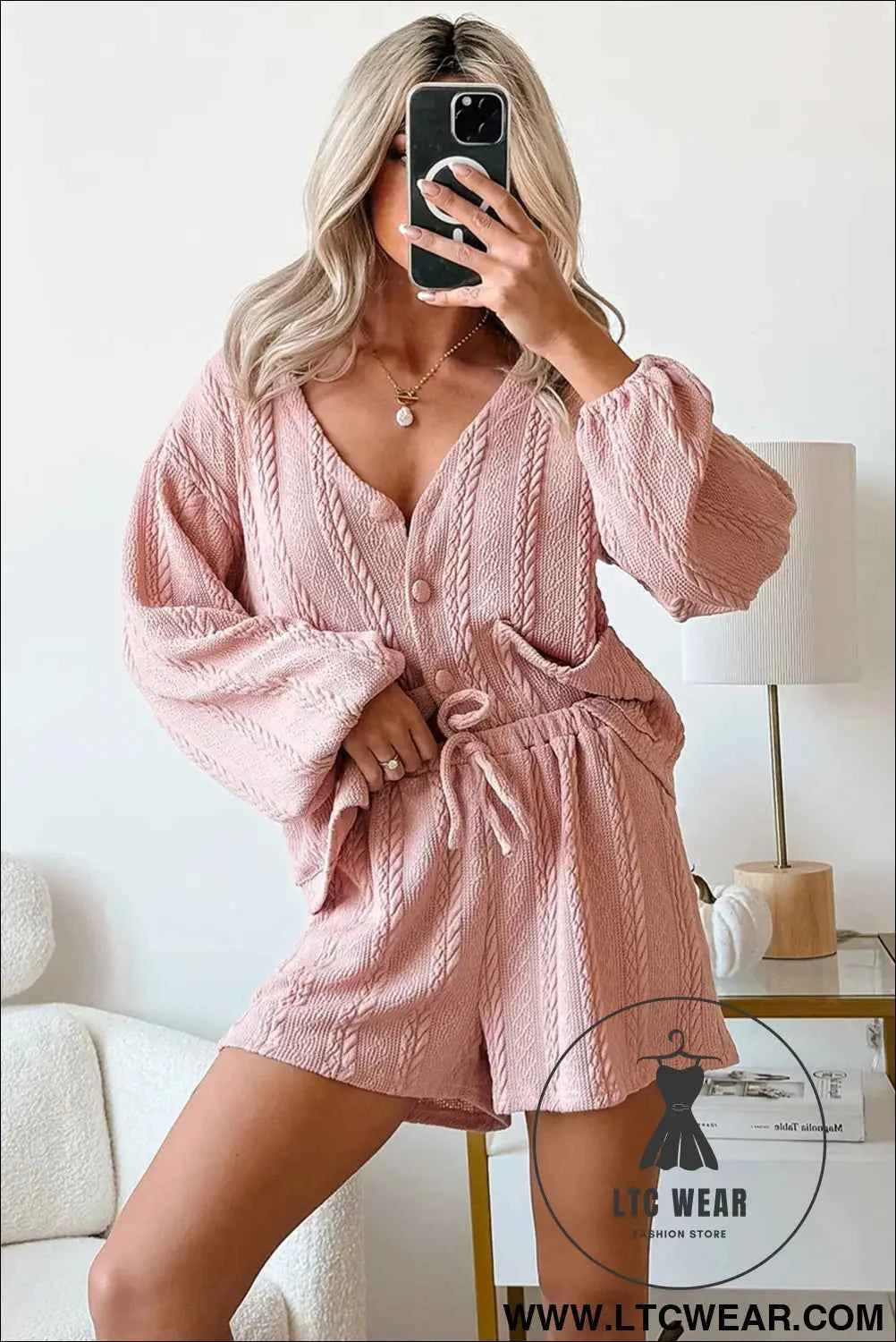 Gossamer Pink Cable Knit V Neck Cardigan Shorts Set