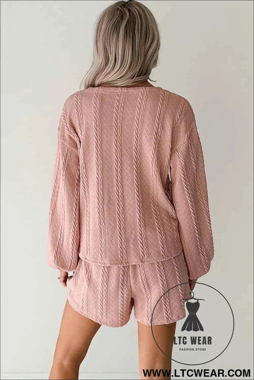 Gossamer Pink Cable Knit V Neck Cardigan Shorts Set