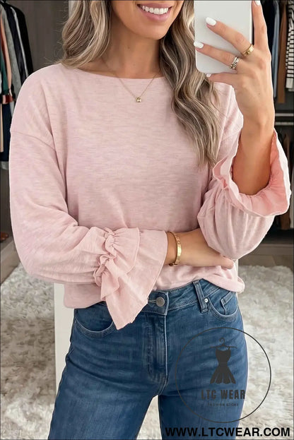 Gossamer Pink Long Sleeve Ruffle Cuff Casual Elegant Top