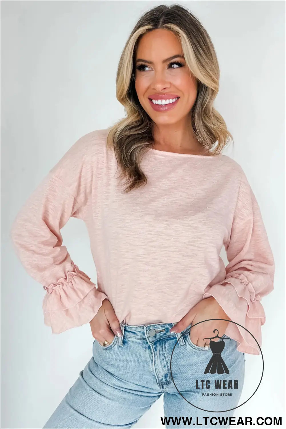 Gossamer pink long sleeve ruffle cuff casual elegant top - long sleeve tops