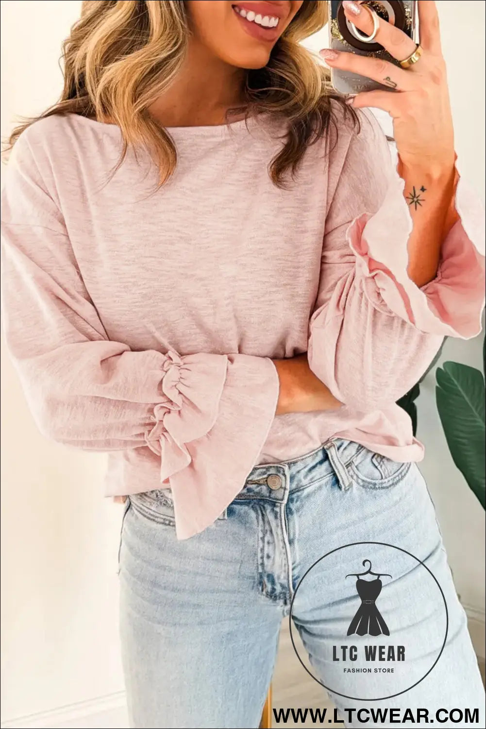 Gossamer pink long sleeve ruffle cuff casual elegant top - long sleeve tops