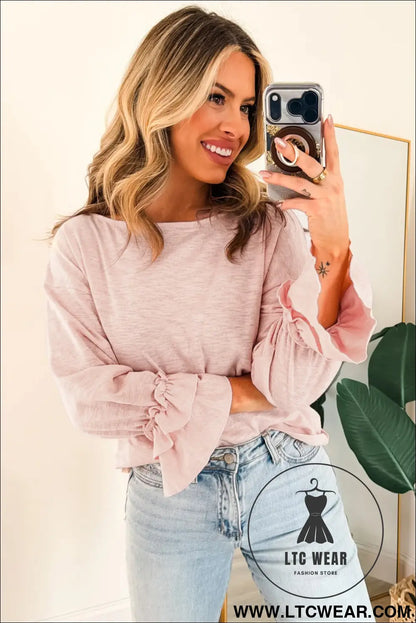 Gossamer pink long sleeve ruffle cuff casual elegant top - long sleeve tops