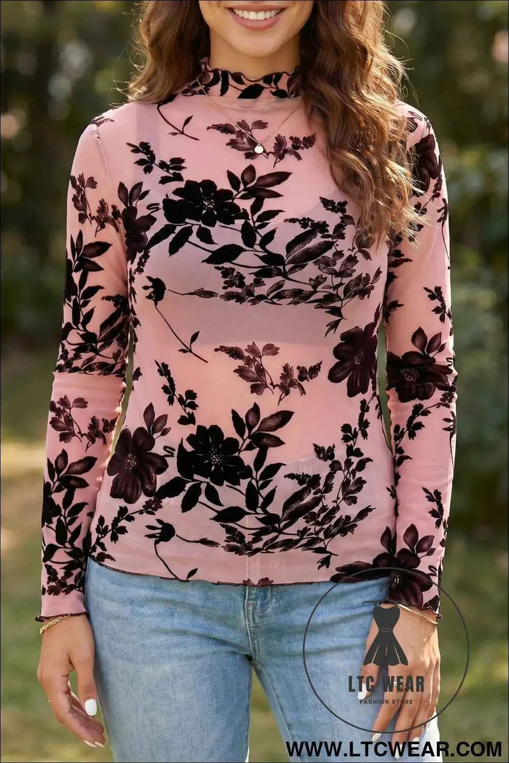 Gossamer Pink Retro Floral Print Mesh Long Sleeve Pullover Blouse