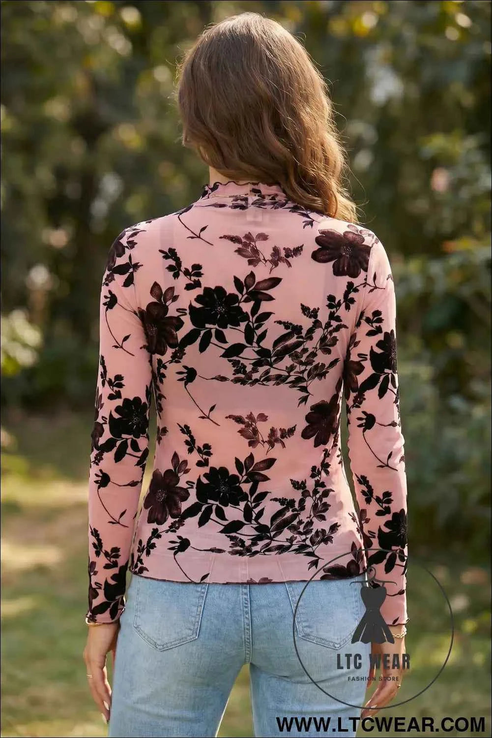 Gossamer Pink Retro Floral Print Mesh Long Sleeve Pullover Blouse