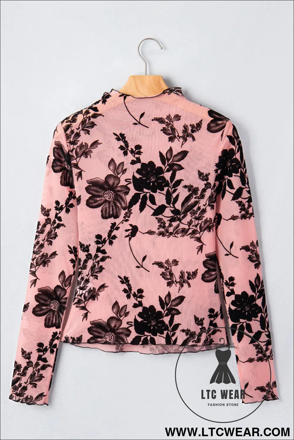 Gossamer pink retro floral print mesh long sleeve pullover blouse - long sleeve tops