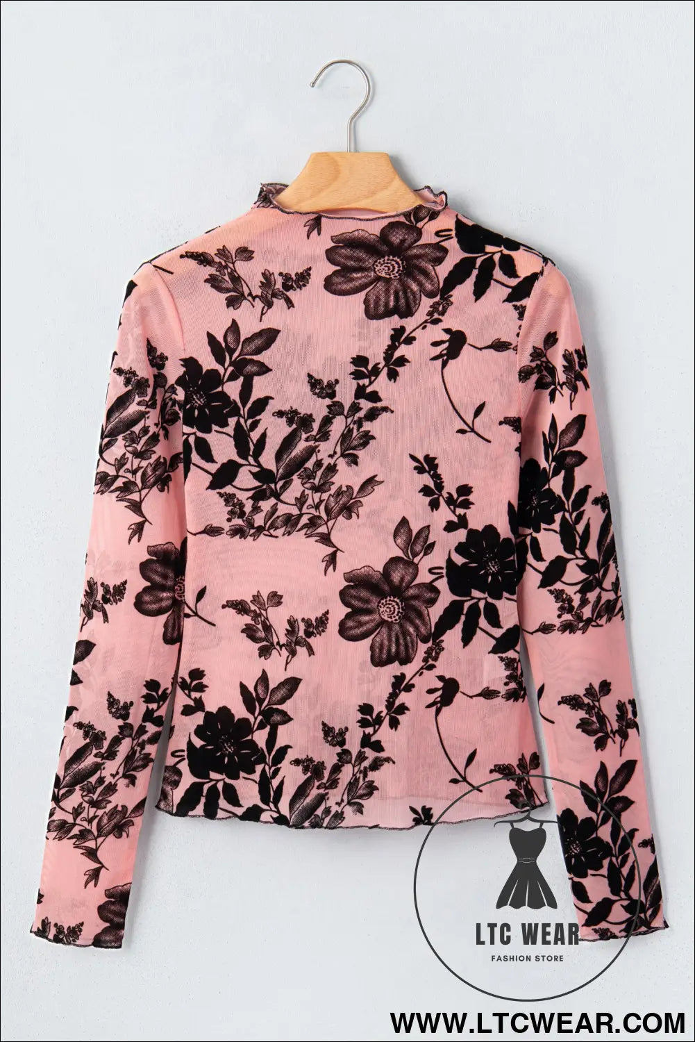 Gossamer pink retro floral print mesh long sleeve pullover blouse - long sleeve tops