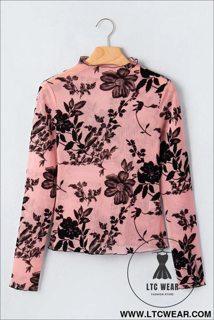 Gossamer pink retro floral print mesh long sleeve pullover blouse - long sleeve tops