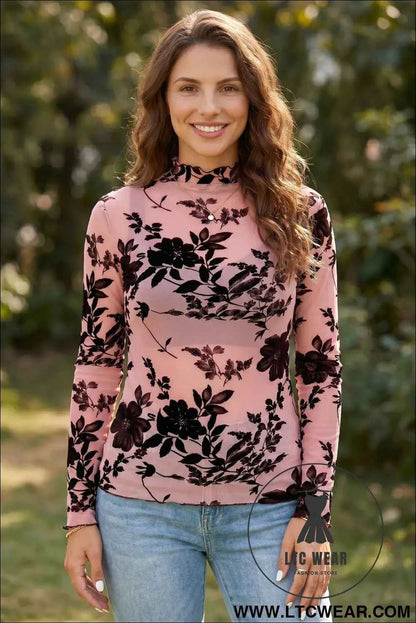 Gossamer Pink Retro Floral Print Mesh Long Sleeve Pullover Blouse