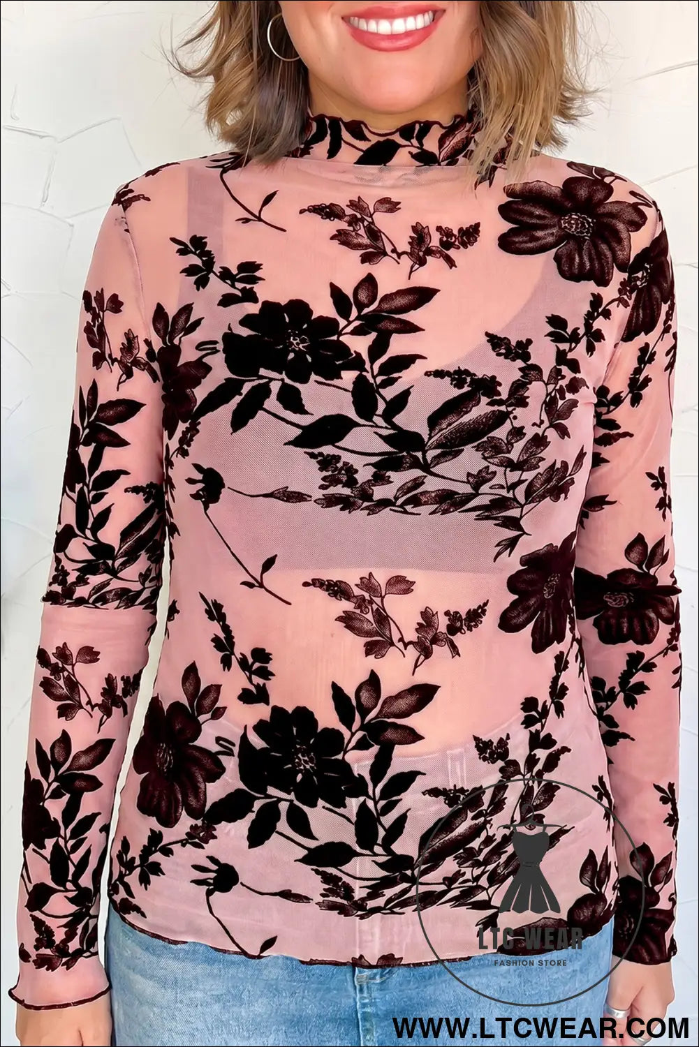 Gossamer pink retro floral print mesh long sleeve pullover blouse - long sleeve tops