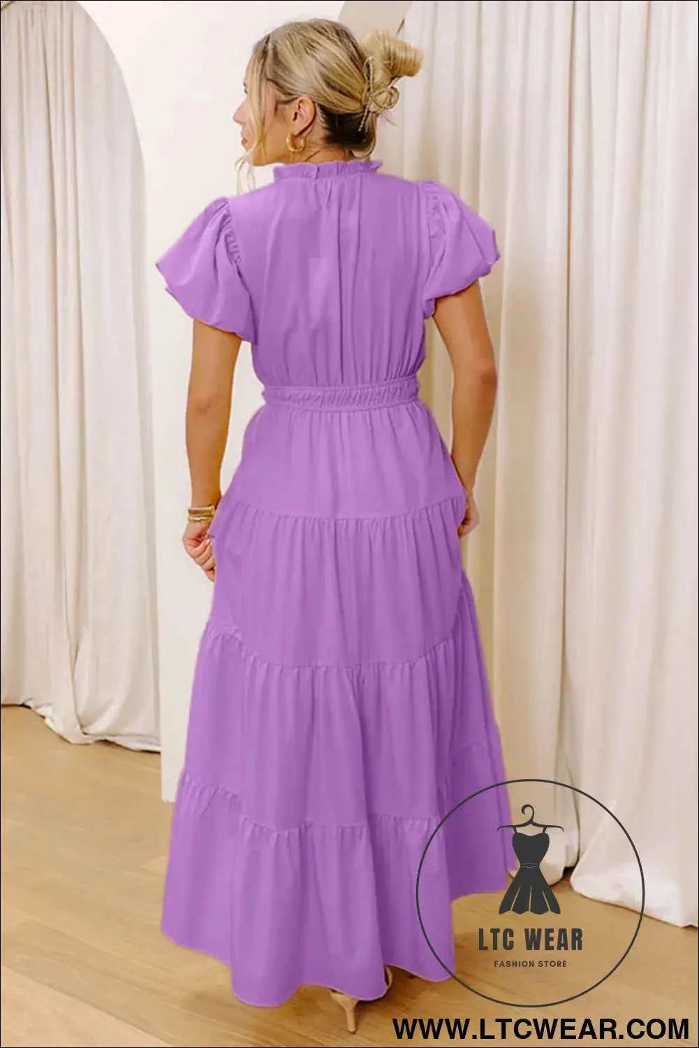 Gossamer Pink Solid Color V Neck Short Puff Sleeve High Waist Tiered Maxi Dress