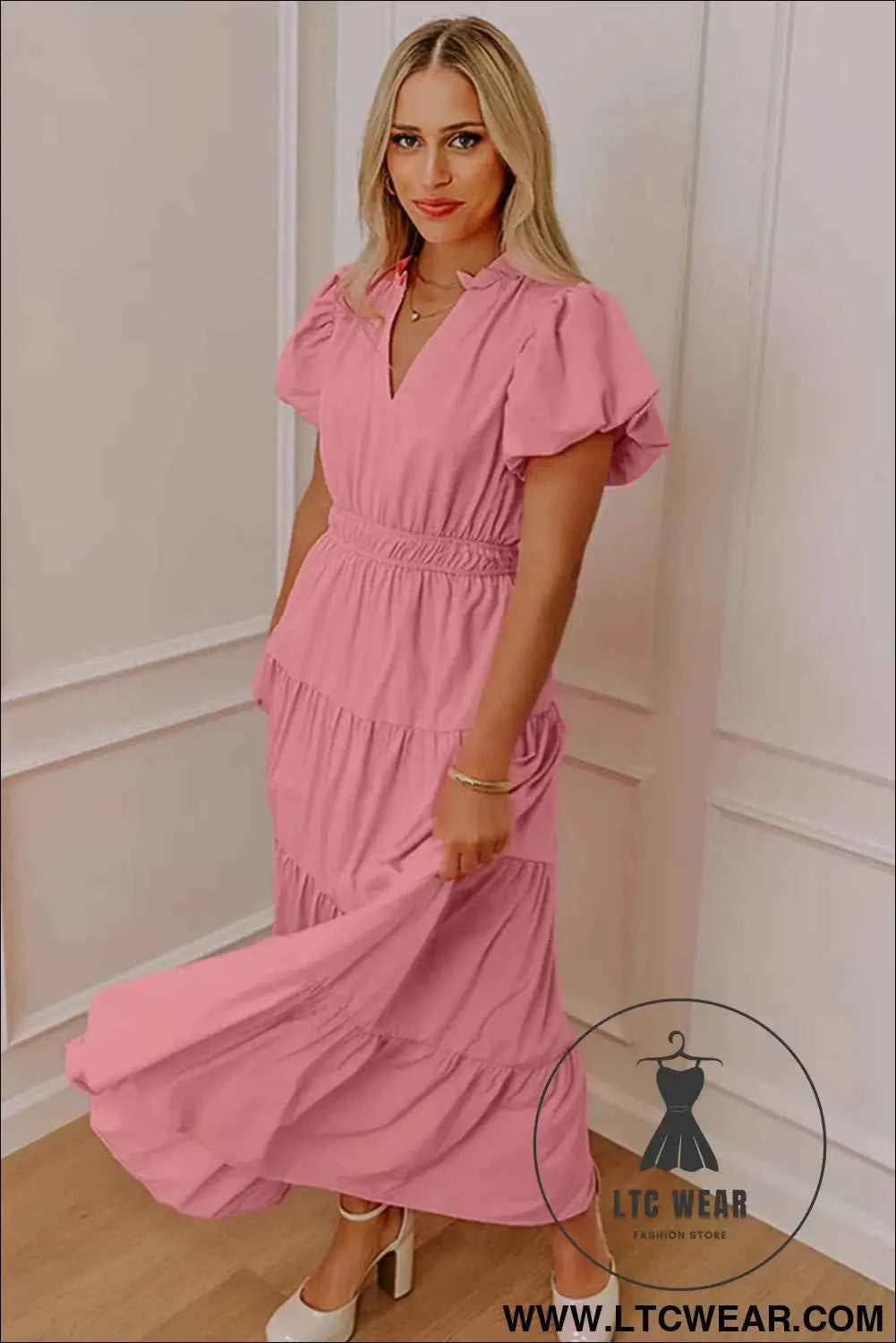 Gossamer Pink Solid Color V Neck Short Puff Sleeve High Waist Tiered Maxi Dress