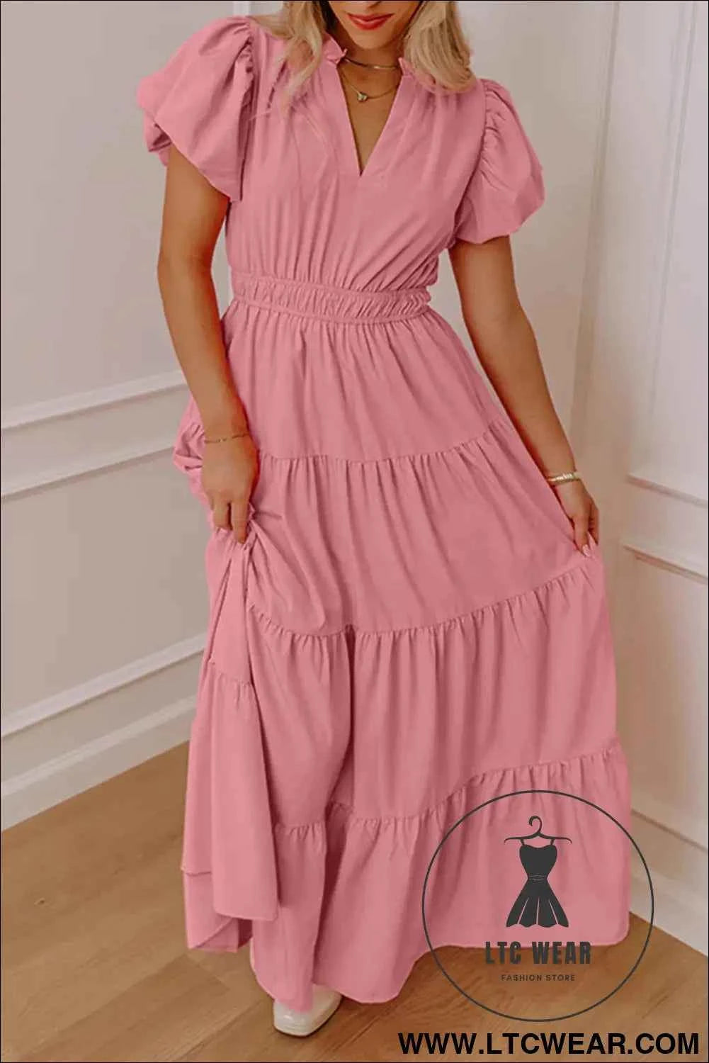 Gossamer Pink Solid Color V Neck Short Puff Sleeve High Waist Tiered Maxi Dress