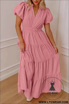 Gossamer Pink Solid Color V Neck Short Puff Sleeve High Waist Tiered Maxi Dress