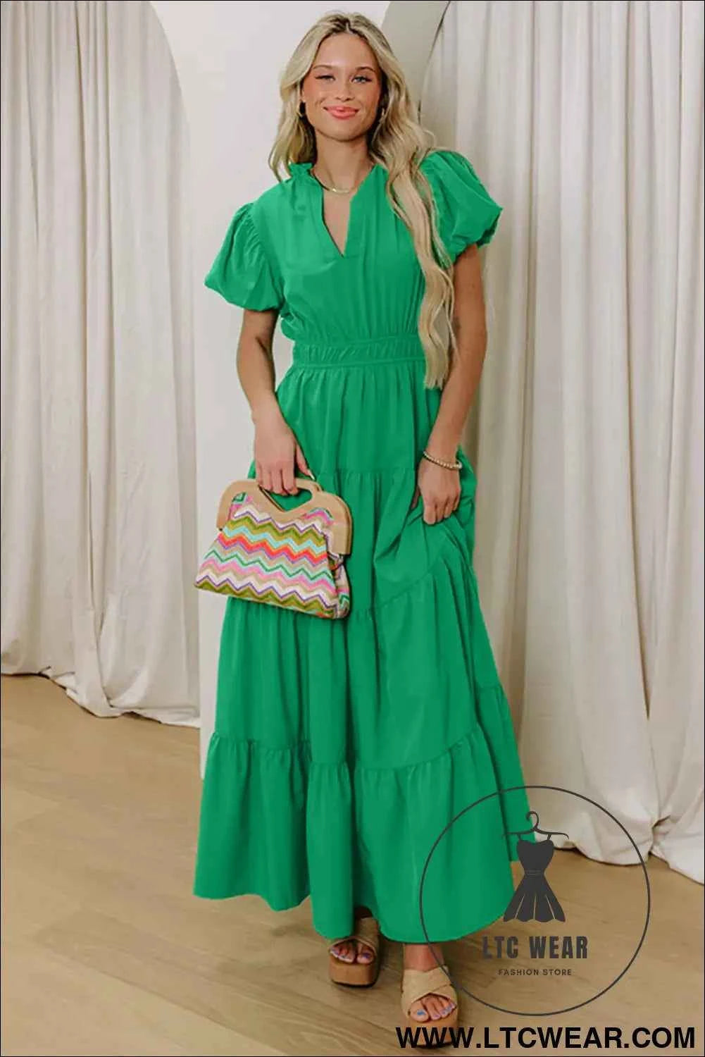 Gossamer Pink Solid Color V Neck Short Puff Sleeve High Waist Tiered Maxi Dress