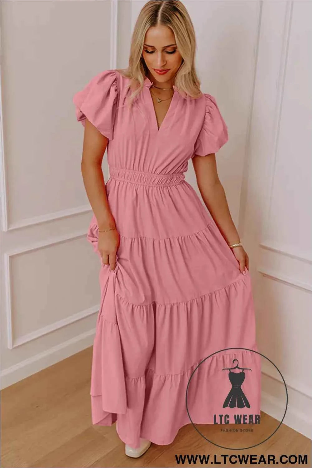 Gossamer Pink Solid Color V Neck Short Puff Sleeve High Waist Tiered Maxi Dress